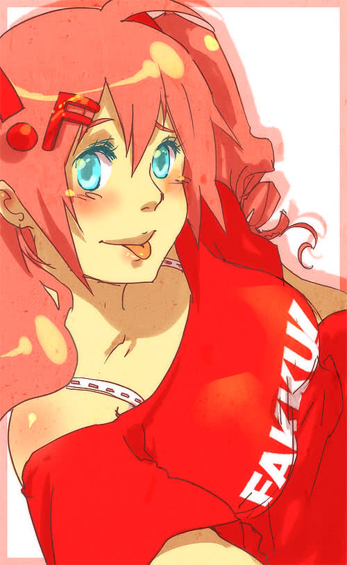 021 1girl :p ahoge blue_eyes blush bra_strap brastrap breasts clothes_writing clothing_writing drill_hair dutch_angle fakku hair_ornament large_breasts momoka_(fakku) off_shoulder pink_hair solo t-shirt tongue twin_drills