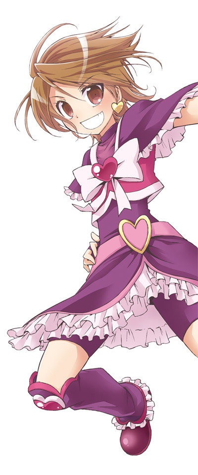 bike_shorts black_dress boots bow brown_eyes brown_hair cure_black dress earrings frills futari_wa_precure grin heart jewelry karak_nishiki magical_girl misumi_nagisa precure ribbon short_hair shorts_under_skirt skirt smile solo white_background