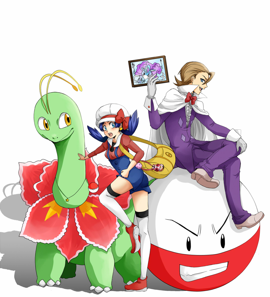 1boy 1girl bag blue_eyes blue_hair blush crystal_(pokemon) electrode gloves jewelry meganium minaki_(pokemon) minto necklace open_mouth poke_ball pokegear pokemon pokemon_special ribbon sitting standing_on_one_leg suicune thigh-highs thighhighs twintails