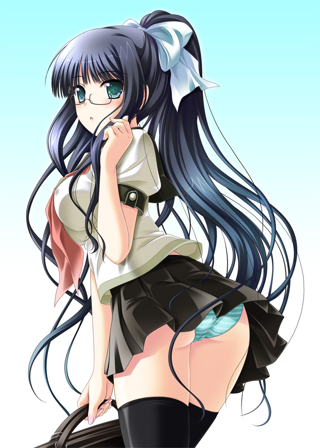 akino_shin ass bag black_hair black_legwear blue_striped_panties blush bow glasses green_eyes hair_bow long_hair looking_back original panties ponytail school_uniform skirt solo striped striped_panties thigh-highs thighhighs underwear