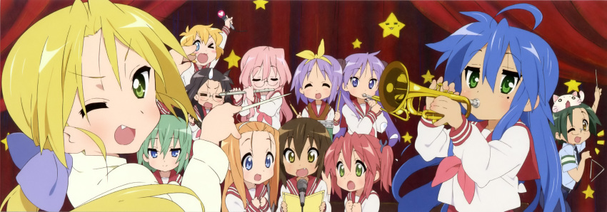 cat fang glasses hiiragi_kagami hiiragi_tsukasa instrument iwasaki_minami izumi_konata kobayakawa_yutaka kusakabe_misao lucky_star minegishi_ayano narumi_yui patricia_martin scan seifuku takara_miyuki tamura_hiyori widescreen