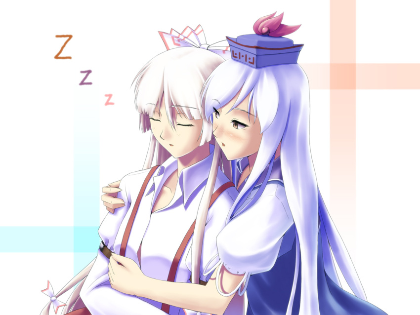 bad_id blue_hair blush brown_eyes closed_eyes fujiwara_no_mokou hat hug kamishirasawa_keine multiple_girls pink_hair sleeping tamago_kake_gohan touhou