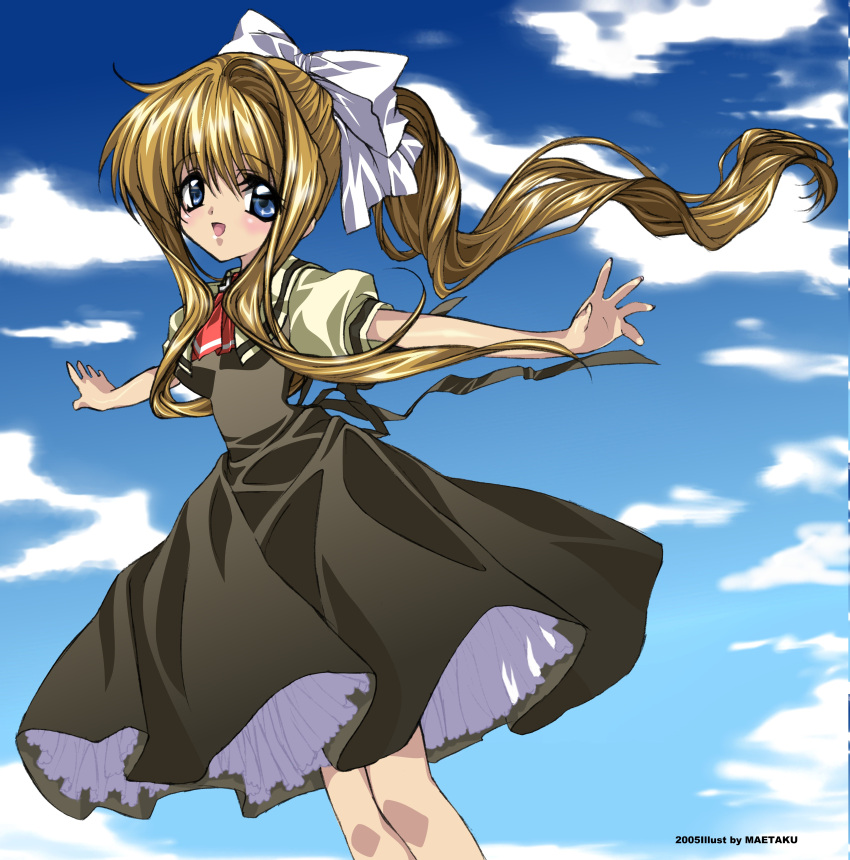 air bad_id blonde_hair blue_eyes highres kamio_misuzu long_hair maetaku outstretched_arms ponytail school_uniform spread_arms