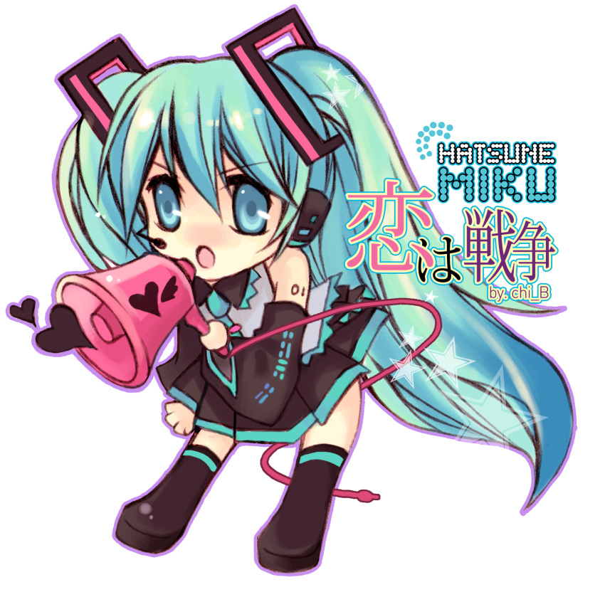 absurdres aqua_hair chibi detached_sleeves hatsune_miku headset highres koi_wa_sensou_(vocaloid) megaphone skirt thigh-highs thighhighs twintails vocaloid yan_(pixiv574685)