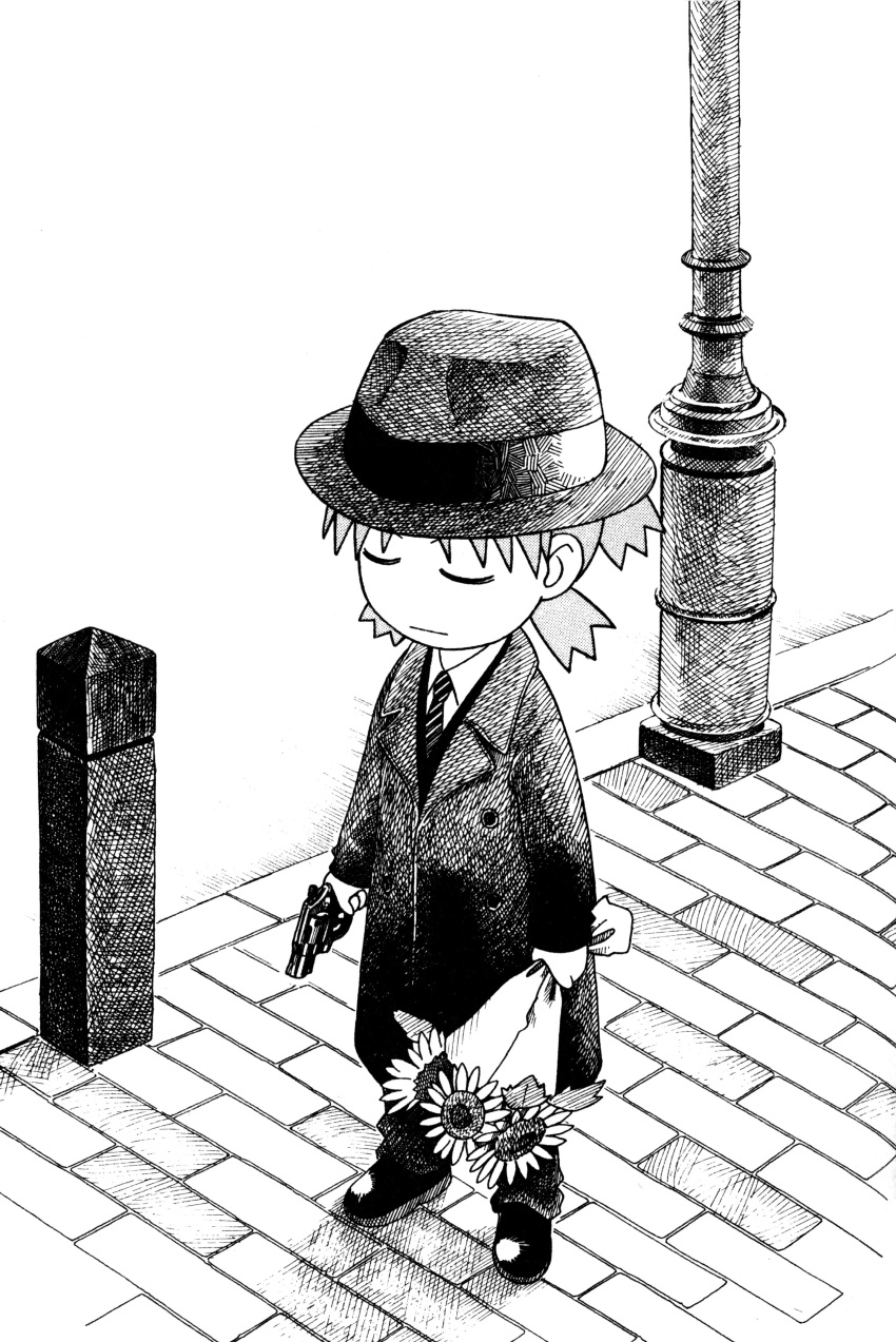 azuma_kiyohiko closed_eyes flower gun hat highres koiwai_yotsuba monochrome scan weapon yotsubato!