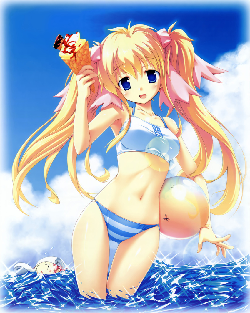 bikini blonde_hair blue_eyes cloud doumyouji_sakura food fue_(tsuzuku) highres holding ice_cream kino_kyouka long_hair navel ribbon ribbons sparkle striped striped_bikini striped_swimsuit swimsuit tankini thigh_gap twintails volume7 water
