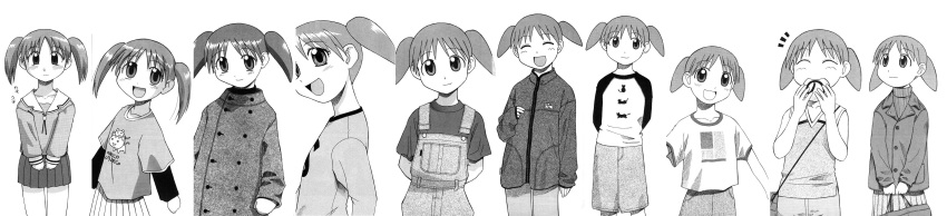 azuma_kiyohiko azumanga_daioh azumanga_daiou child coat highres long_image mihama_chiyo monochrome official_art overalls raglan_sleeves school_swimsuit school_uniform short_twintails smile swimsuit twintails wide_image