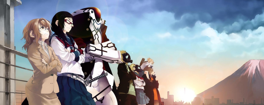 carrying crossed_arms gas_mask glasses highres katana lineup mecha original piggyback school_uniform sheath sheathed shiomiya_iruka shoulder_carry sky sword urban weapon