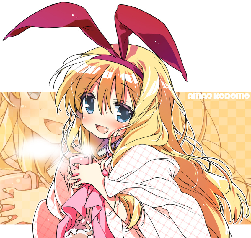 bad_id blonde_hair blue_eyes cup hairband long_hair messy_hair midori_kouichi mug saki smile solo zoom_layer