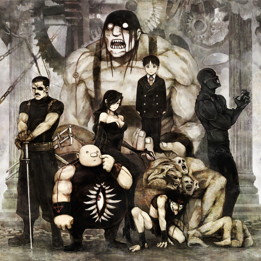 black_hair envy envy_(fma) everyone eyepatch fullmetal_alchemist gears gloves glowing glowing_eyes gluttony greed hair_over_one_eye highres homunculus king_bradley lust monochrome monster pride selim_bradley sepia sloth spoilers sword weapon wrath yanmar