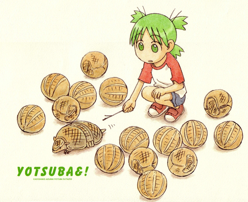 absurdres armadillo azuma_kiyohiko green_eyes green_hair highres koiwai_yotsuba paper_texture quad_tails raglan_sleeves scan shorts squatting stick yotsubato!