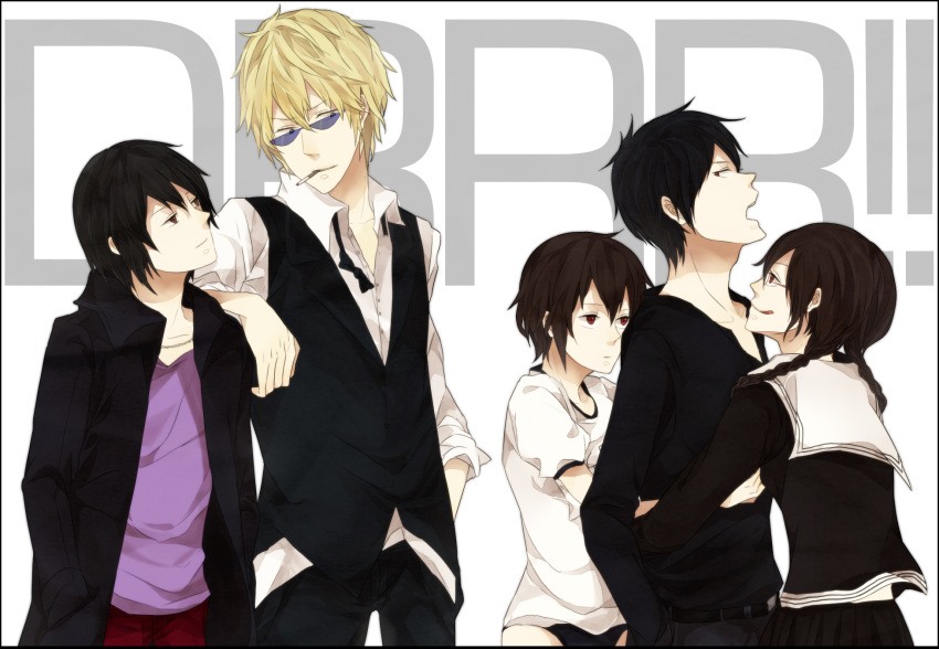 black_eyes black_hair blonde_hair braids brown_hair cigarette durarara! group heiwajima_kasuka heiwajima_shizuo orihara_izaya orihara_kururi orihara_mairu red_eyes seifuku short_hair sunglasses twins violet_eyes