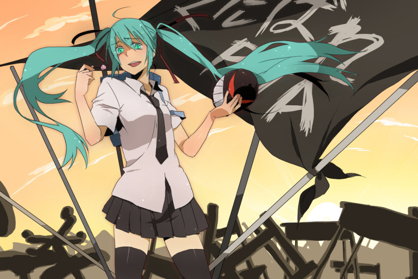 aqua_eyes aqua_hair catgirl0926 flag hatsune_miku kutabare_pta_(vocaloid) long_hair mask necktie school_uniform smile solo thigh-highs thighhighs twintails very_long_hair vocaloid zettai_ryouiki
