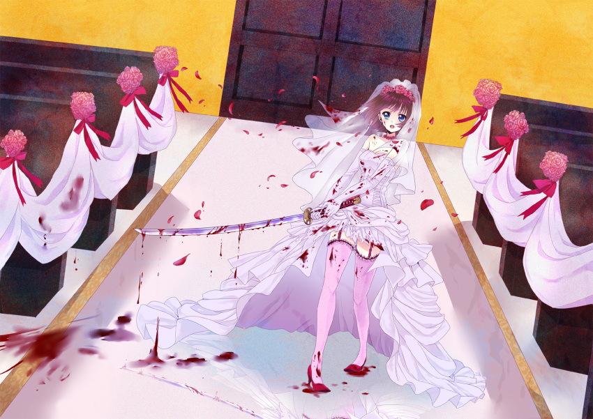blood blue_eyes bridal_veil bride dress elbow_gloves flower garter_straps garters gloves heterochromia high_heels highres katana legs mirakuruone original petals reflection shoes solo sword thigh-highs thighhighs veil weapon wedding_dress yandere