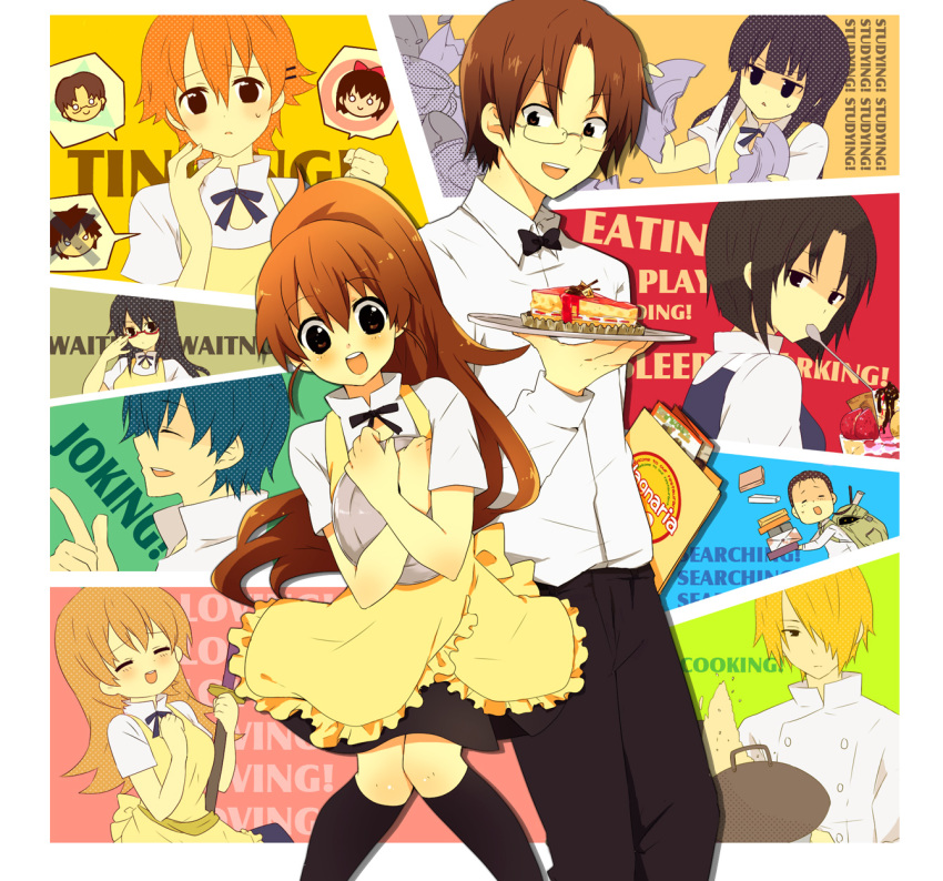 cake english everyone food highres inami_mahiru katana long_hair matsumoto_maya otoo_hyougo parfait ponytail satou_jun shirafuji_kyouko souma_hiroomi sword takanashi_souta taneshima_popura todoroki_yachiyo urakata urakata_hajime waitress weapon working!! yamada_aoi