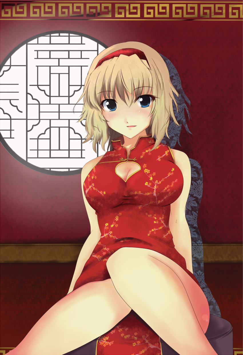 bare_shoulders beegle blonde_hair blue_eyes blush breasts china_dress chinese_clothes cleavage_cutout hairband highres large_breasts short_hair side_slit solo touhou