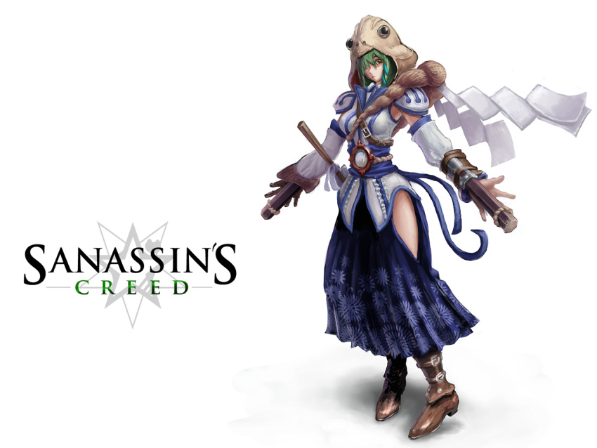 assassin's_creed crossover detached_sleeves gohei green_hair kochiya_sanae maemukini onbashira parody pun shimenawa touhou yellow_eyes