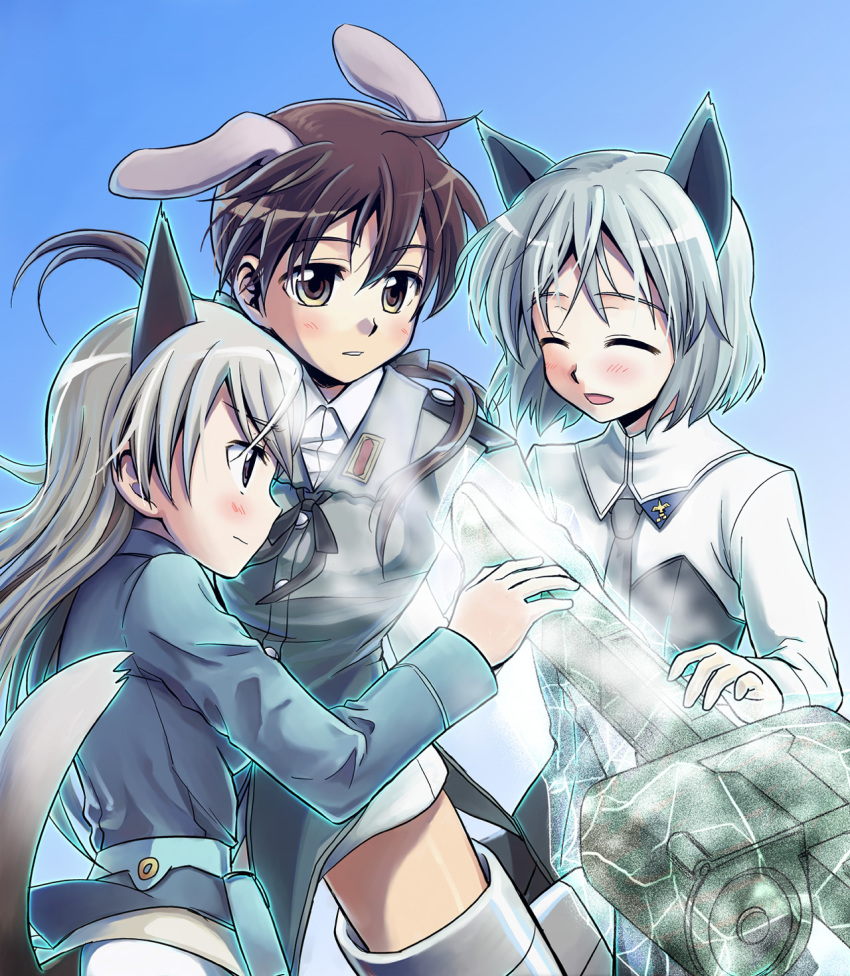 blue_eyes blush brown_eyes brown_hair cat_ears closed_eyes eila_ilmatar_juutilainen gertrud_barkhorn gun highres long_hair magic military military_uniform multiple_girls necktie niina_ryou open_mouth pantyhose sanya_v_litvyak short_hair silver_hair smile strike_witches striker_unit striker_units tail twintails uniform weapon white_legwear white_pantyhose