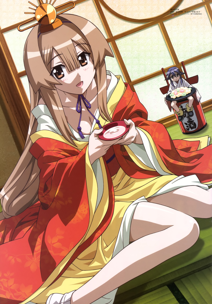 blue_hair breasts brown_eyes candy chibi cleavage dutch_angle hat highres japanese_clothes jelly_bean kimono kneeling long_hair maki_(seto_no_hanayome) megami miko morita_kazuaki multilayer_kimono official_art open_mouth sakazuki seto_no_hanayome seto_san seto_sun short_hair tabi