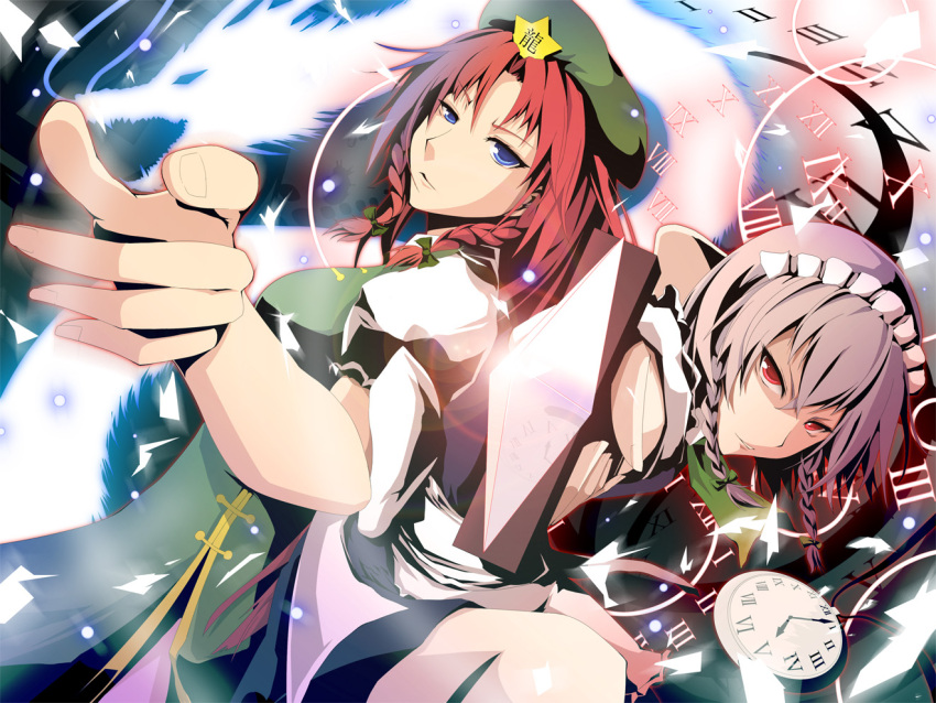 blue_eyes dragon duplicate hong_meiling izayoi_sakuya multiple_girls red_eyes red_hair redhead silver_hair touhou