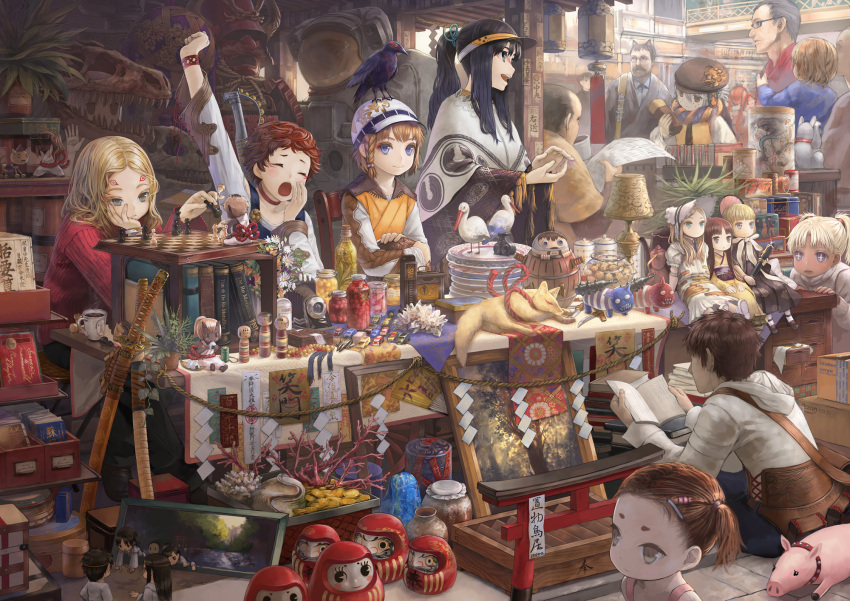 animal_ears bird black_hair blonde_hair blue_eyes bone book bored bottle braid brown_hair cat_ears chess child closed_eyes crowd cup daruma_doll doll facial_hair fantasy flat_gaze fossil fox glasses hat highres jar lamp masakichi mustache open_book original pig plant plate shide shop shopping short_hair sitting spacesuit store stretch sword tea teacup weapon yawning