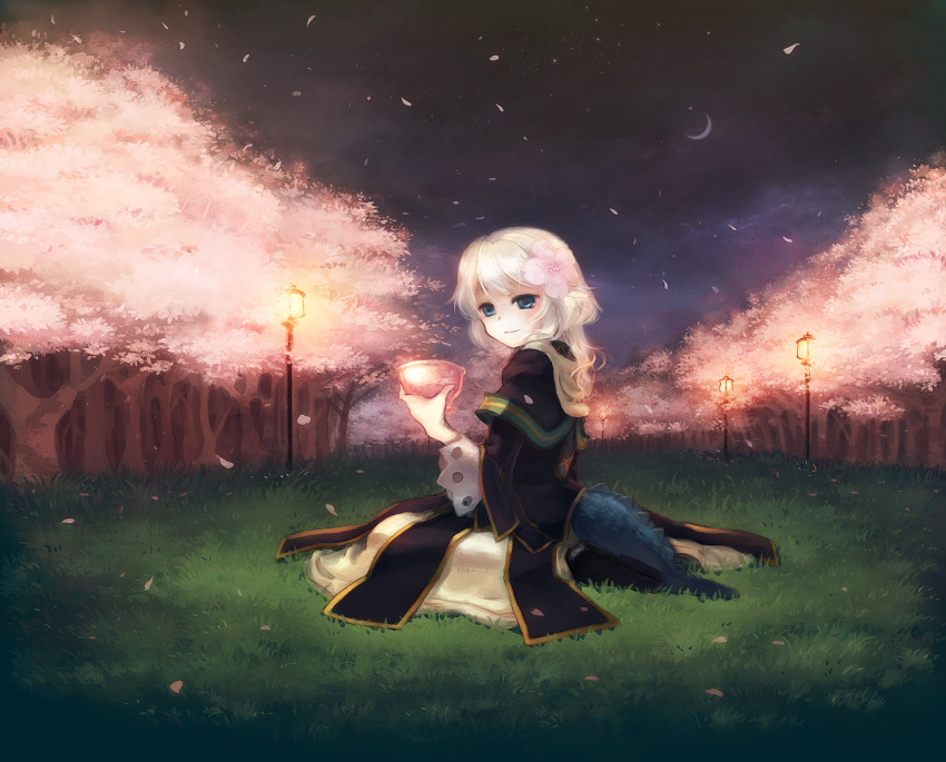 cherry_blossoms dragon_girl dragon_tail flower grass hair_flower hair_ornament hebino_(snake_nest) holding lamppost nature night night_sky original petals sitting sky smile solo tail white_hair