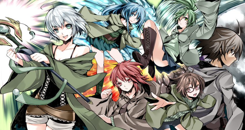 ahoge atoshi aussa bare_shoulders blue_eyes blue_hair boots brown_eyes brown_hair cross-laced_footwear dharc duel_monster eria glasses green_eyes green_hair hiita lyna multiple_girls ponytail red_eyes red_hair redhead robe staff white_eyes white_hair wynn yu-gi-oh! yuu-gi-ou yuu-gi-ou_duel_monsters