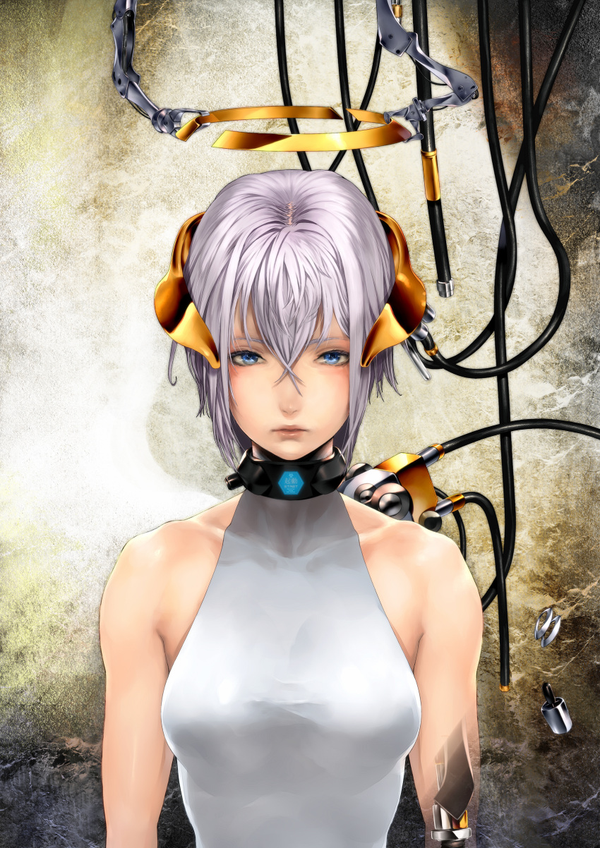 android bare_shoulders blue_eyes bust cable collar highres kazakami_yuu original short_hair silver_hair simuka solo