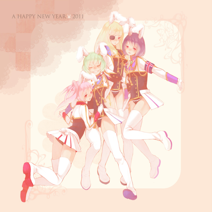 4girls animal_ears armband blonde_hair boots bunny_ears bunny_tail closed_eyes eyepatch eyes_closed gloves green_hair highres long_hair miniskirt multiple_girls new_year pekopekotaro pink_hair purple_hair red_eyes short_hair showgirl_skirt siesta00 siesta410 siesta45 siesta556 siesta_sisters skirt tail thigh-highs thigh_boots thighhighs twintails umineko_no_naku_koro_ni white_gloves
