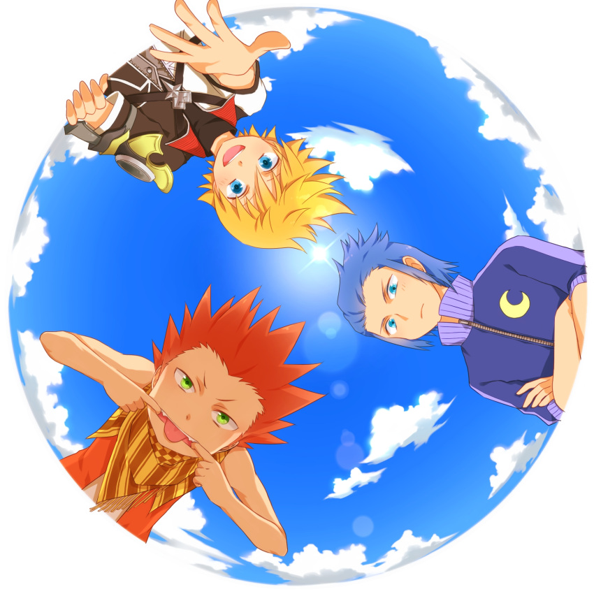 blonde_hair blue_eyes blue_hair cloud clouds green_eyes highres isa_(kingdom_hearts) kingdom_hearts kingdom_hearts_birth_by_sleep lea_(kingdom_hearts) multiple_boys okitune-sama red_hair redhead scarf sky ventus