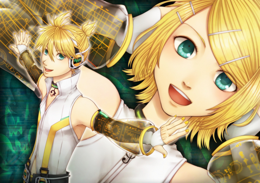 bass_clef blonde_hair blue_eyes choker detached_sleeves hairclip headphones highres kagamine_len kagamine_len_(append) kagamine_rin kagamine_rin_(append) len_append nail_polish open_mouth ponytail popped_collar rin_append see_through short_hair vocaloid