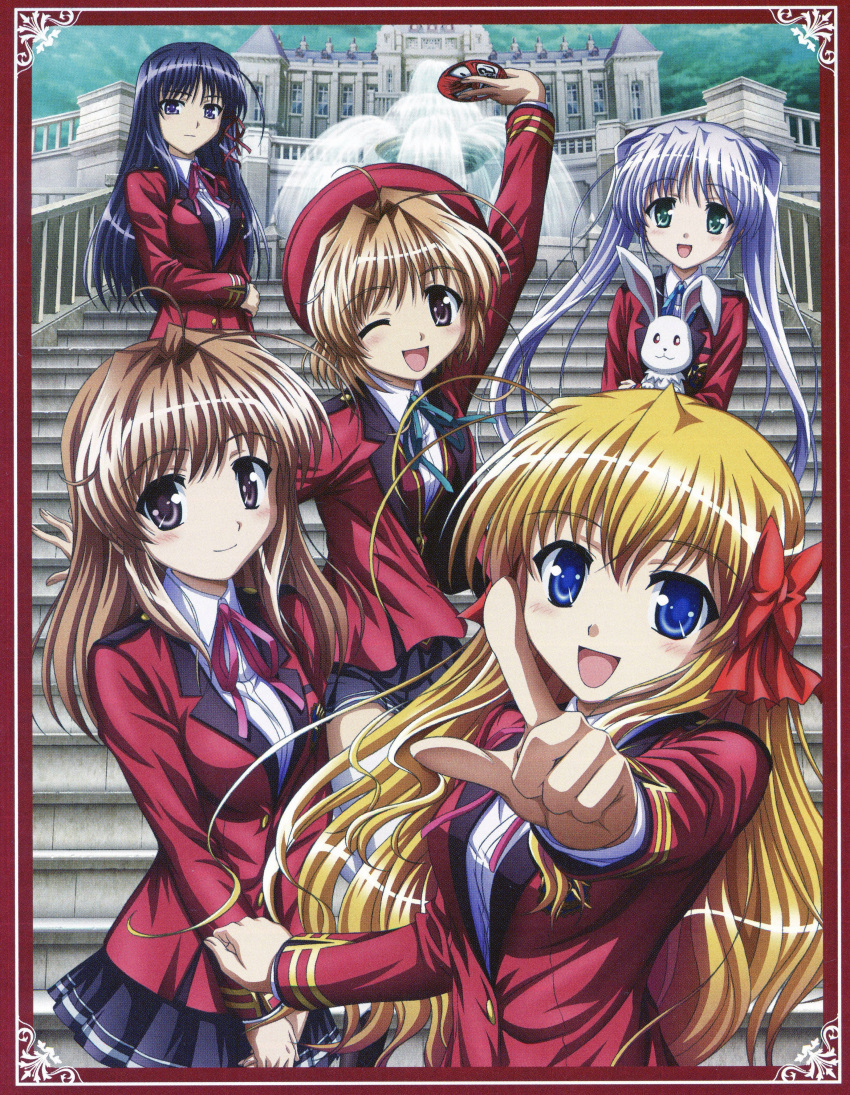 5girls absurdres black_hair blonde_hair blue_eyes brown_eyes brown_hair building bunny fortune_arterial green_eyes highres kuze_kiriha long_hair multiple_girls purple_eyes purple_hair rabbit school_uniform sendou_erika short_hair tougi_shiro twintails violet_eyes yuuki_haruna yuuki_kanade