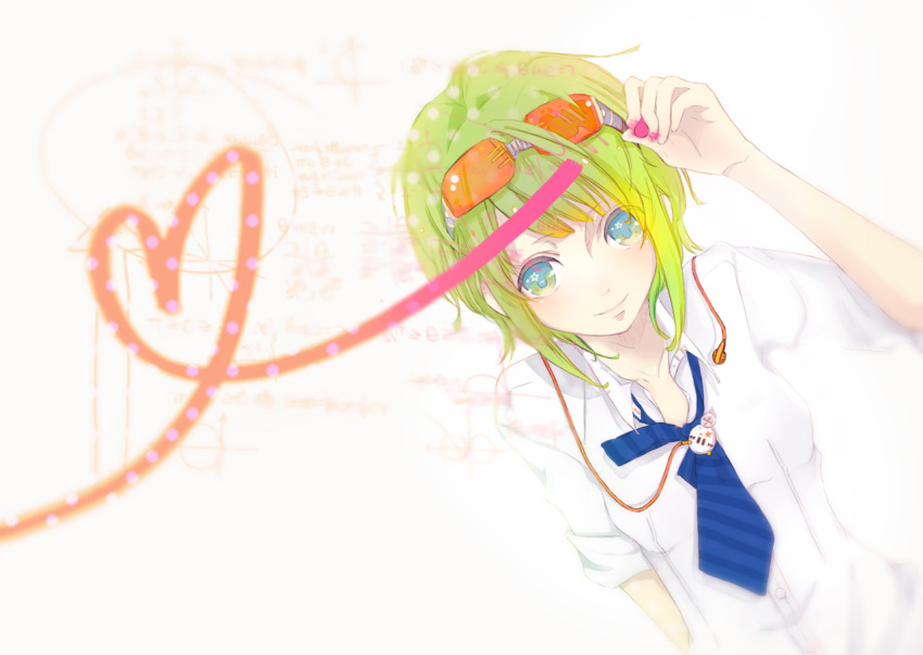 blue_eyes chalk earphones glasses green_hair gumi headphones heart necktie penchop portrait smile solo source_request vocaloid