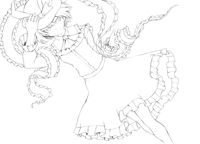 dress dutch_angle frills hat hat_ribbon highres holding holding_hat lineart monochrome nagae_iku ribbon scarf short_hair smile solo takeuma touhou