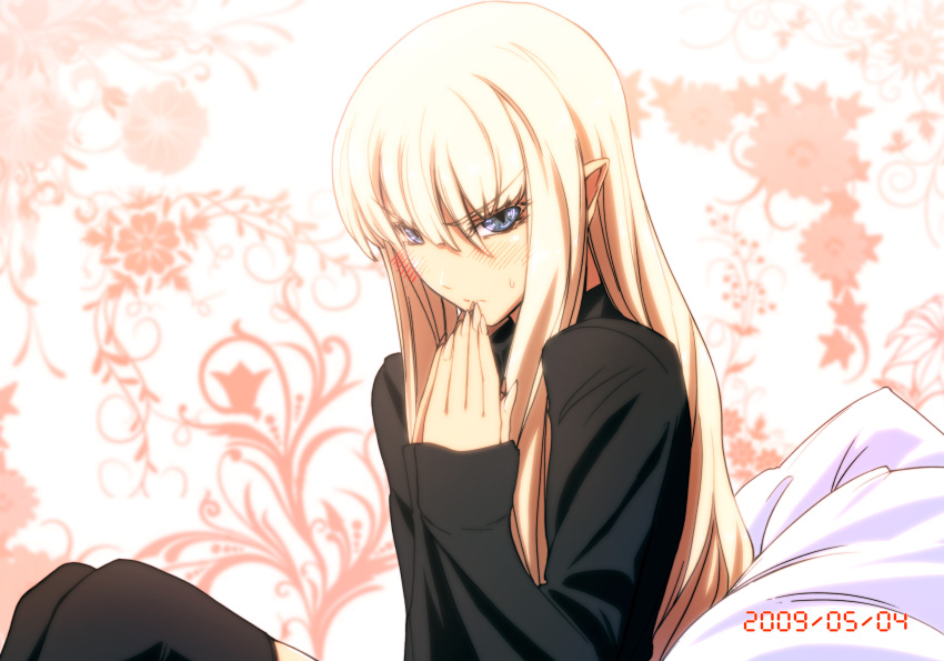 adult blonde_hair blue_eyes blush colored_eyelashes evangeline_a_k_mcdowell eyelashes hands_together highres imizu_(nitro_unknown) long_hair long_sleeves mahou_sensei_negima! pointy_ears slit_pupils solo sweat sweater