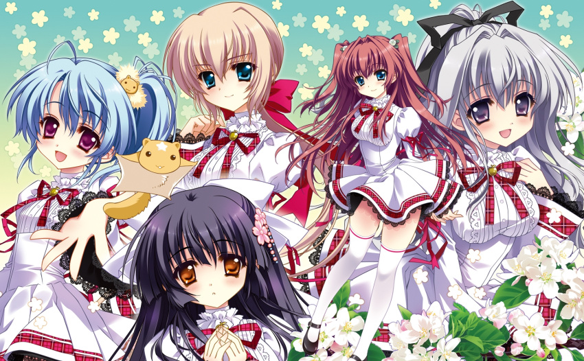 asakura_karen black_hair blonde_hair blue_hair blush bow brown_hair cherry_blossoms cube_(alma) flower flying_squirrel hair_ornament hase_nanami highres houshou_yukino kaburaki_runa kakyouin_kotone kimi_to_boku_to_eden_no_ringo long_hair long_sleeves multiple_girls open_mouth ponytail ponytails school_uniform side_ponytail silver_hair skirt smile squirrel thigh-highs thighhighs twintails zettai_ryouiki
