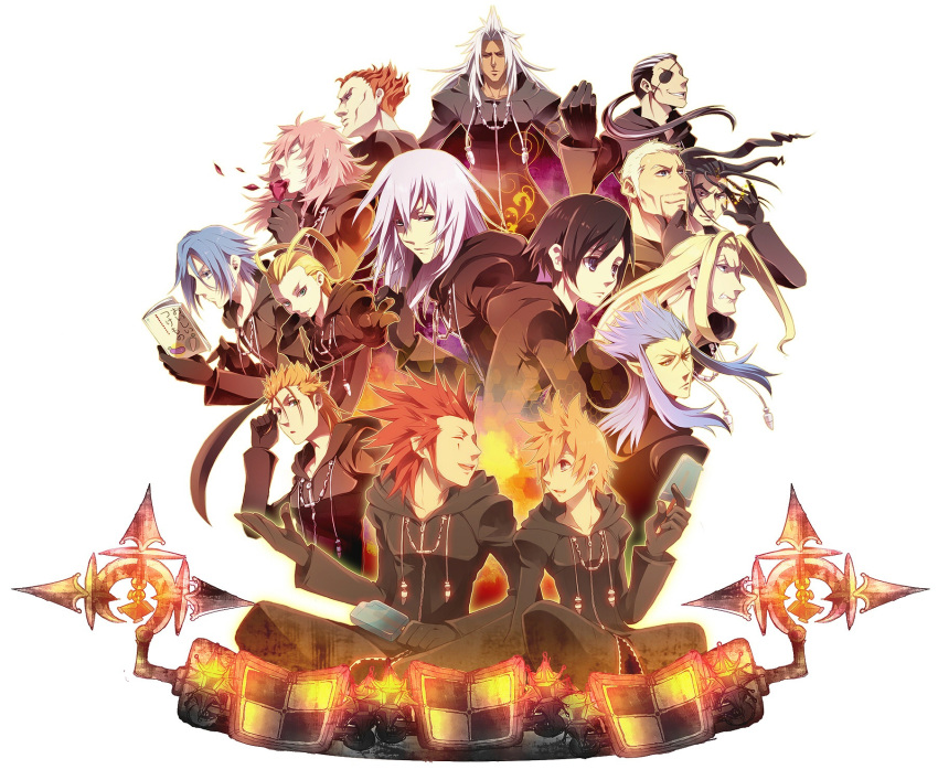 axel black_hair blonde_hair blue_eyes blue_hair book brown_hair cloak closed_eyes dark_skin demyx eyepatch eyes_closed facial_mark flower food gloves green_eyes grey_hair highres ice_cream kingdom_hearts kingdom_hearts_358/2_days ksg666xxx larxene lexaeus luxord marluxia organization_xii petals pink_hair pointy_ears ponytail red_hair redhead riku roxas saix scar short_hair silver_hair stubble vexen xaldin xemnas xigbar xion_(kingdom_hearts) yellow_eyes zexion