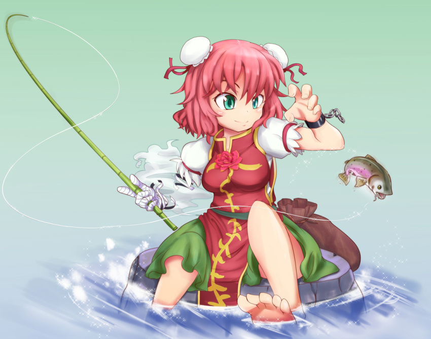 amputee arms_up bag bandage bandages barefoot boulder bun_cover chain chains cuffs double_bun dress feet feet_in_water fish fishing fishing_rod flower green_dress green_eyes hair_bun hat holding holding_fishing_rod ibara_kasen ibaraki_kasen multicolored_dress nukoimo pink_hair red_eyes shackle short_hair sitting sitting_on_rock skirt smile soaking_feet solo tabard touhou water white_dress