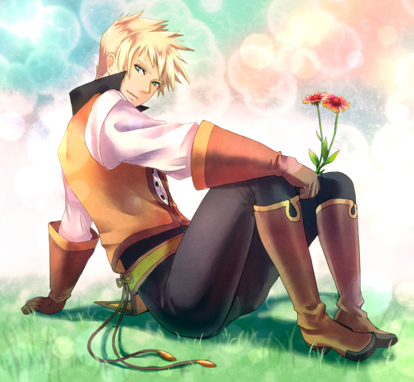ahoge blonde_hair boots flower gloves grass green_eyes guy_cecil highres jarako_(gaillardia) jarakoo male multicolored_eyes mutlicolored_eyes pants rainbow_background shirt sitting solo tales_of_(series) tales_of_the_abyss vest yellow_eyes