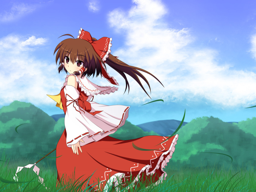 blue_sky bow brown_eyes brown_hair cloud cross_(crossryou) detached_sleeves dress forest gohei grass hair_bow hair_tubes hakurei_reimu miko mountain nature ponytail red_dress sky solo touhou wide_sleeves wind