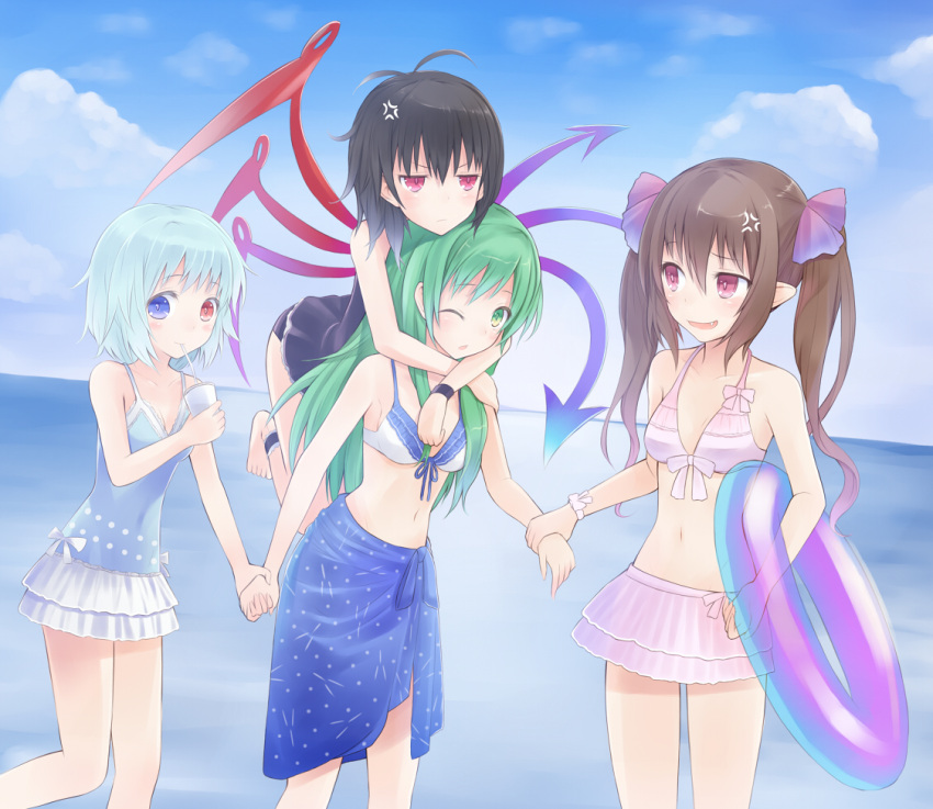 anger_vein asymmetrical_wings bare_shoulders bikini black_hair blue_eyes blue_hair brown_hair green_eyes green_hair hand_holding heterochromia himekaidou_hatate holding_hands houjuu_nue hug innertube kochiya_sanae long_hair multiple_girls navel ocean pointy_ears red_eyes sarong short_hair sky suzushiro_yukari swimsuit tatara_kogasa touhou twintails water wings wink