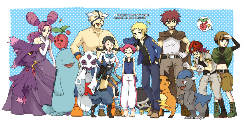 4boys 4girls ? aloe28 bad_id barefoot blush cherubi cranidos denji_(pokemon) dress embarrassed english flying_sweatdrops froslass glasses gloves gym_leader helmet highres hyouta_(pokemon) laughing lucario mask maximum_kamen melissa_(pokemon) midriff mismagius multiple_boys multiple_girls natane_(pokemon) pokemon pokemon_(game) pokemon_diamond_and_pearl pokemon_dppt purple_dress quagsire raichu shieldon speech_bubble spoken_face sumomo_(pokemon) suzuna_(pokemon) tougan_(pokemon)