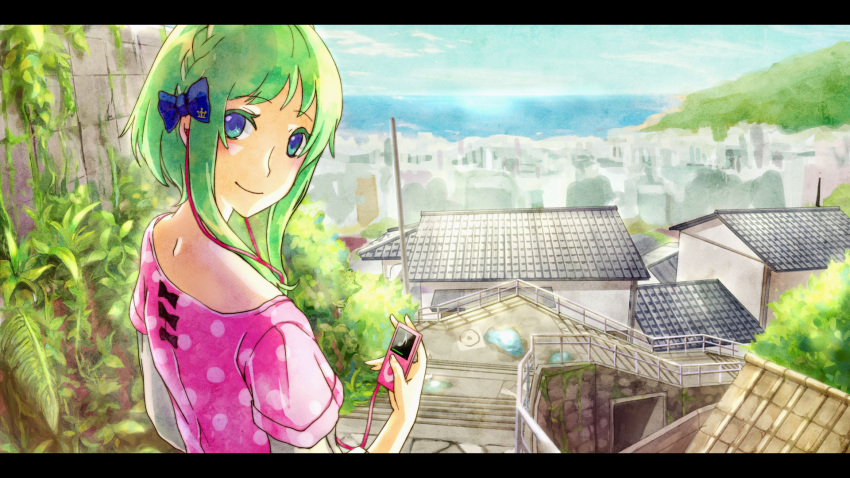 blue_eyes colored_eyelashes digital_media_player from_behind green_hair gumi highres letterboxed looking_back no.734 outdoors scenery short_hair sky smile solo vocaloid