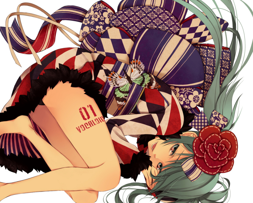 aqua_hair barefoot butterfly flower hair_flower hair_ornament hatsune_miku japanese_clothes kimono legs long_hair macco solo tattoo vocaloid