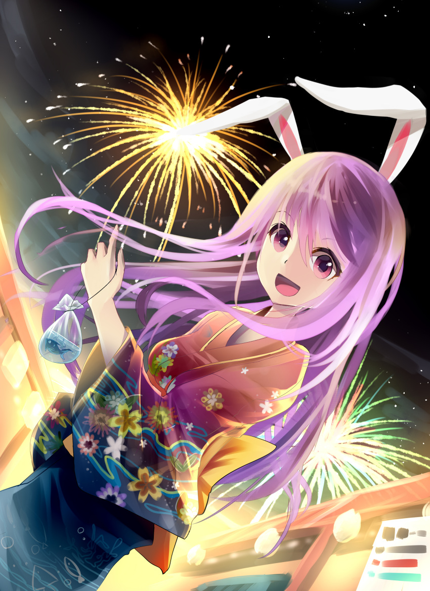 :d absurdres alternate_costume animal_ears bag bisonbison bunny_ears dutch_angle fireworks fish highres japanese_clothes kimono long_hair night open_mouth pink_eyes purple_hair reisen_udongein_inaba smile solo touhou