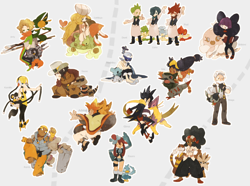 6+girls adeku_(pokemon) aloe_(pokemon) arty_(pokemon) axew cattleya_(pokemon) character_name conkeldurr corn_(pokemon) cowboy cowboy_hat cubchoo czes dark_skin dent_(pokemon) dotabata ducklett elite_four emolga everyone fraxure fuuro_(pokemon) giima_(pokemon) gym_leader hachiku_(pokemon) hat herdier iris_(pokemon) jellicent kamitsure_(pokemon) krokorok leavanny liepard multiple_boys multiple_girls panpour pansage pansear pantyhose pod_(pokemon) pokemon pokemon_(game) pokemon_black_and_white pokemon_bw renbu_(pokemon) reuniclus salute shaga_(pokemon) shikimi_(pokemon) watchog western whirlipede yacon_(pokemon)
