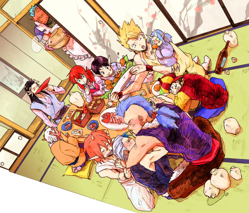 bad_id blonde_hair blue_eyes blue_hair blue_haor bottle cap chu_(yu_yu_hakusho) closed_eyes eating eyes_closed food green_eyes happy hat horn jin_kaze_tsukai juyo_tsukai_touya juyo_tsukai_toya kurama long_hair micchi mohawk multiple_boys open_mouth pointy_ears red_eyes red_hair redhead rinku_(yu_yu_hakusho) sakazuki sake sashimi shachi_(yu_yu_hakusho) shishiwakamaru short_hair shura_(yu_yu_hakusho) smile star suzuki_(yu_yu_hakusho) tatami tattoo white_hair yomi_(yu_yu_hakusho) yu_yu_hakusho yuu_yuu_hakusho