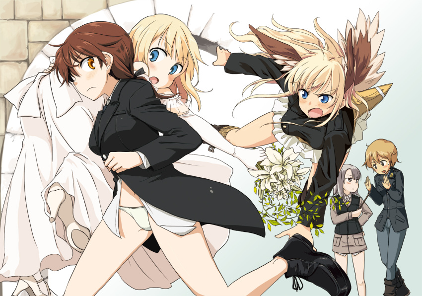 animal_ears blush bouquet carrying chasing dress edytha_rossmann elbow_gloves erica_hartmann flower formal gertrud_barkhorn gloves hanna-justina_marseille head_wings highres itsuki_kuro looking_back military military_uniform multiple_girls necktie no_hat no_headwear no_pants open_mouth panties pantyhose person_over_shoulder running skirt strike_witches suit tail underwear uniform waltrud_krupinski wedding_dress yuri