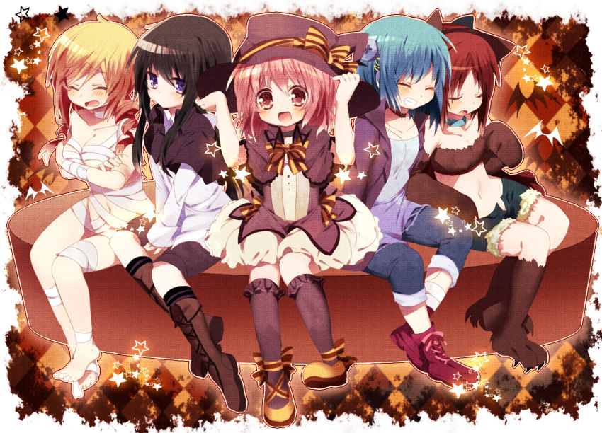 akemi_homura animal_ears bandage bandages barefoot black_hair black_legwear blonde_hair blue_hair blush boots bow breasts claws closed_eyes covering covering_breasts cross-laced_footwear eyes_closed fur_trim gloves hair_ornament hairclip halloween hat hetaling kaname_madoka lace-up_boots mahou_shoujo_madoka_magica miki_sayaka multiple_girls mummy open_mouth paw_gloves pink_eyes pink_hair purple_eyes red_hair redhead sakura_kyouko scar screw shin_(hetaling) short_shorts shorts sitting tomoe_mami violet_eyes witch_hat wolf_ears