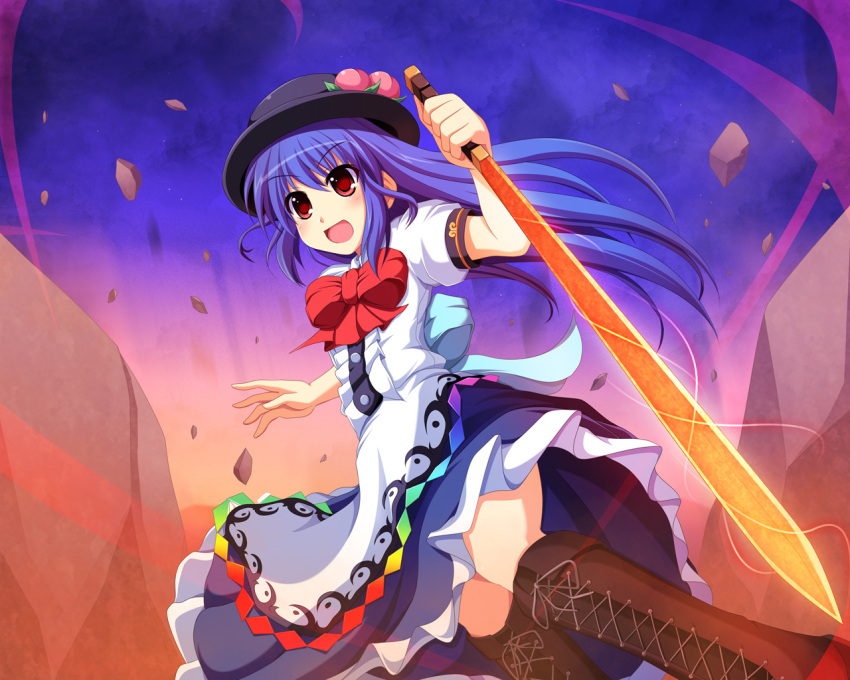 blue_hair boots cross-laced_footwear cross_(crossryou) food fruit hat highres hinanawi_tenshi lace-up_boots open_mouth peach red_eyes shirt skirt smile solo sword touhou upskirt weapon